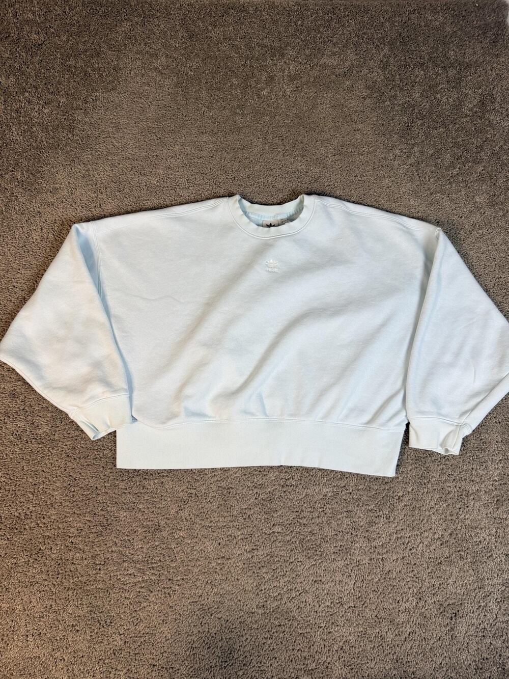 Adidas Sweatshirt Womens L Cropped Trefoil Light Blue Pullover Fleece Crewneck